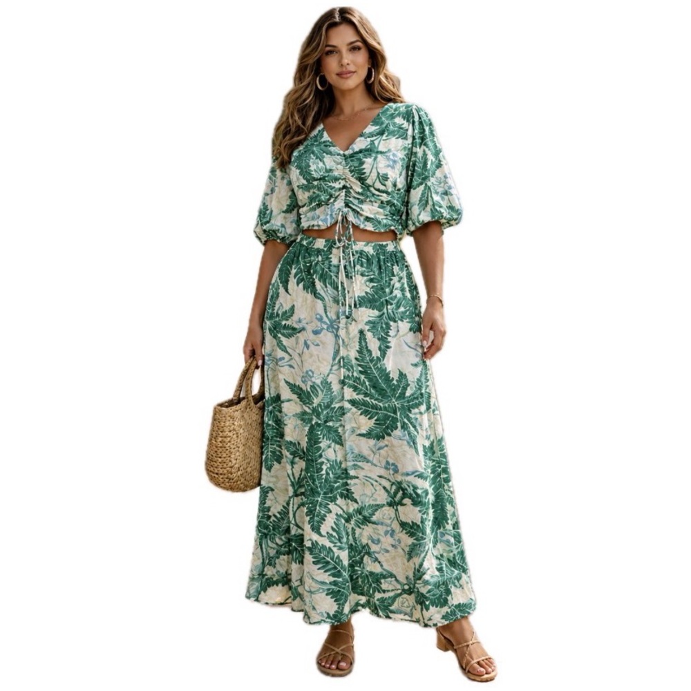 H&M, Green Tropical Leaf 2-Piece Resort Set Top & Maxi Skirt, Size  XL